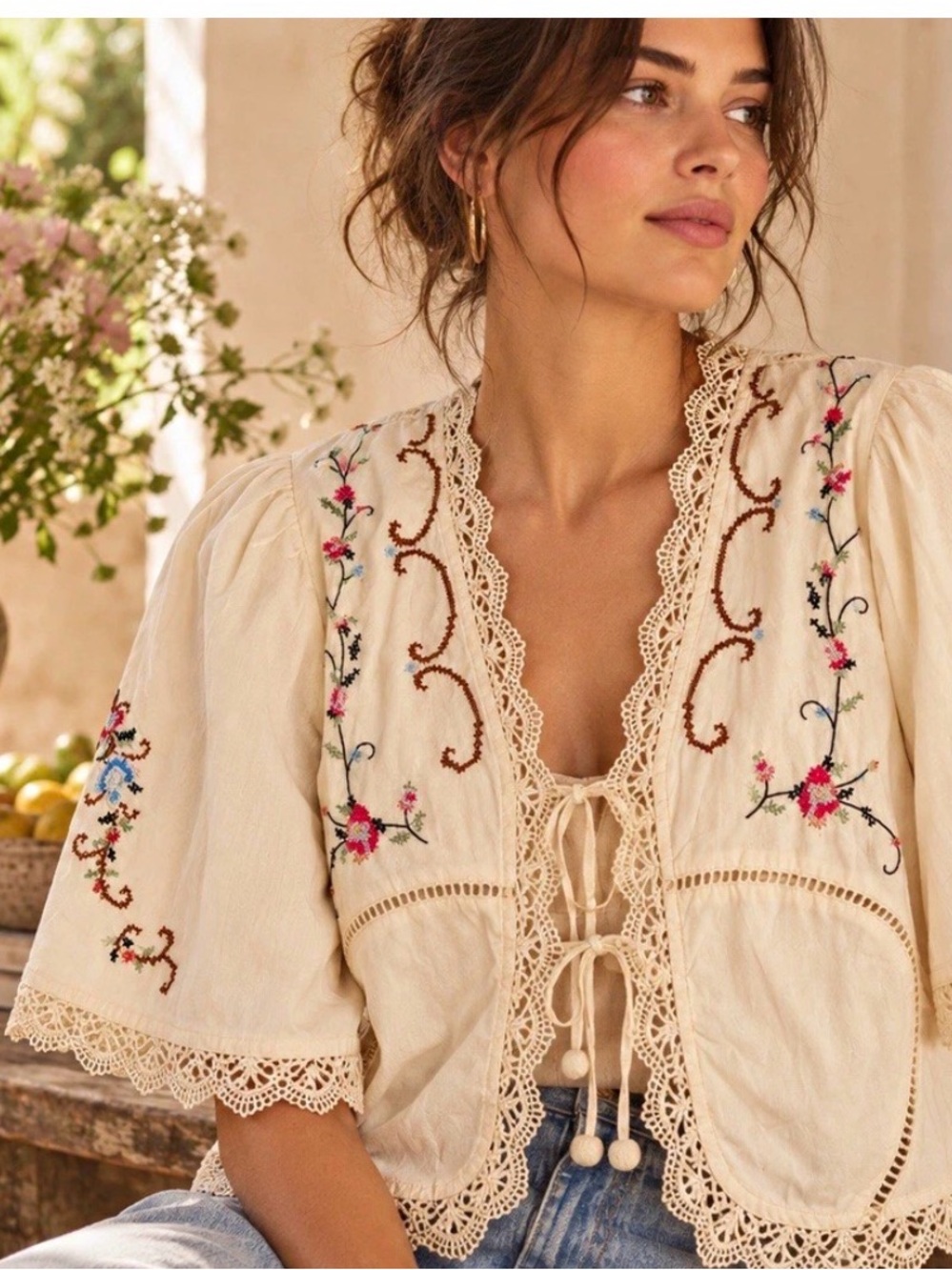 Jennifer&Grace XL Cream Floral Embroidered Crochet Lace Tie Front Boho Top